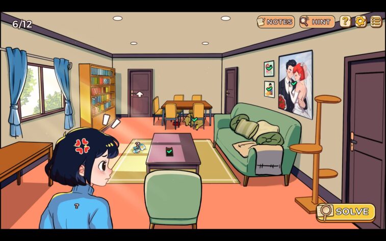 an interior of a living room with a dark haired girl in a blue shirt