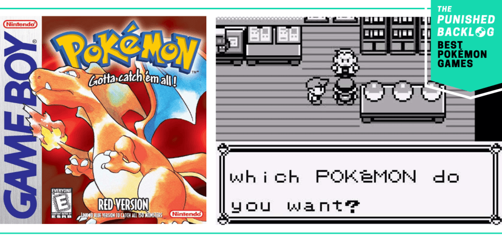 The cover art for Pokemon Red Version and a screenshot of Professor Oak offering starter Pokemon, plus a teal banner that shows The Punished Backlog's logo and text that says: "Best Pokemon Games"