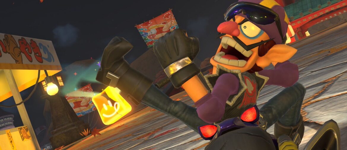 Biker Waluigi poses near the food stalls in Cheep Cheep Falls in Mario Kart World