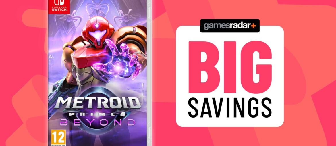 Image of the Metroid Prime 4 Beyond Switch box art on a pink GamesRadar+ background.