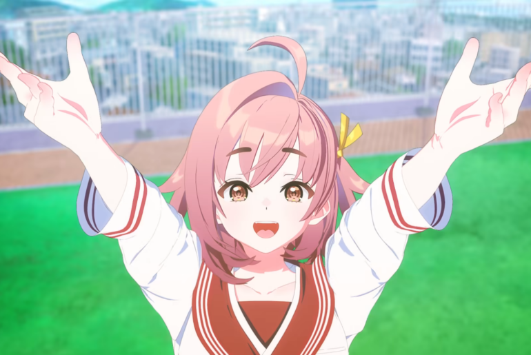 An anime girl raises her hands in Ame Nochi Hare Onna