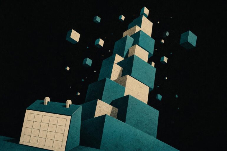 Illustration of stacked geometric building blocks with floating cubes and a calendar block, in teal and off-white on a near-black ground