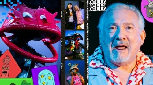 Collage poster for the film Balls featuring a man in blue on the right, a vertical filmstrip in the center, and colorful cartoon stickers on the left.