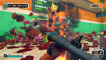 Players looking to prepare as many monsters as possible for processing at once can also reach for a rocket launcher. (Pictured: A screenshot from Can 'Em All.)