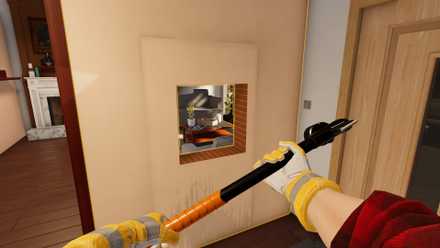 First-person perspective as a person wearing gloves hammers out a wall in House Flipper 2